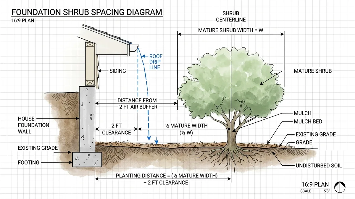 Architectural landscape cross-section diagram showing proper shrub spacing from foundation wall with 2-foot air buffer and roof drip line