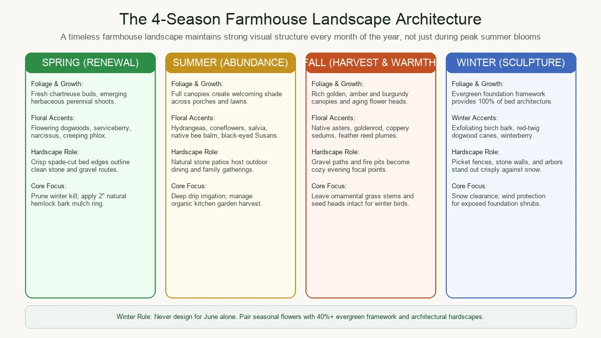 Educational diagram showing the four-season farmhouse landscape progression from spring renewal to winter sculpture