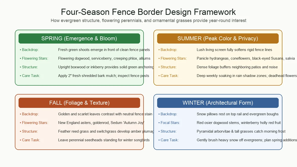 Four-season fence border diagram showing Spring emergence, Summer peak color, Fall foliage, and Winter architectural evergreens and grasses