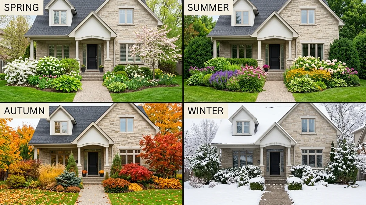 Four season collage showing the same front foundation landscape across spring blooms, summer perennials, autumn color, and snowy winter structure