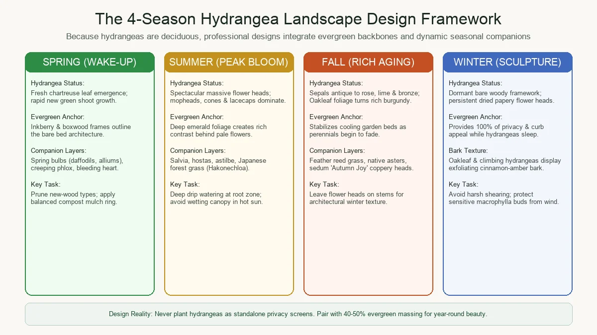 Four-season landscape design diagram showing hydrangea transitions across spring emergence, summer peak bloom, autumn antique colors, and winter dried floral architecture
