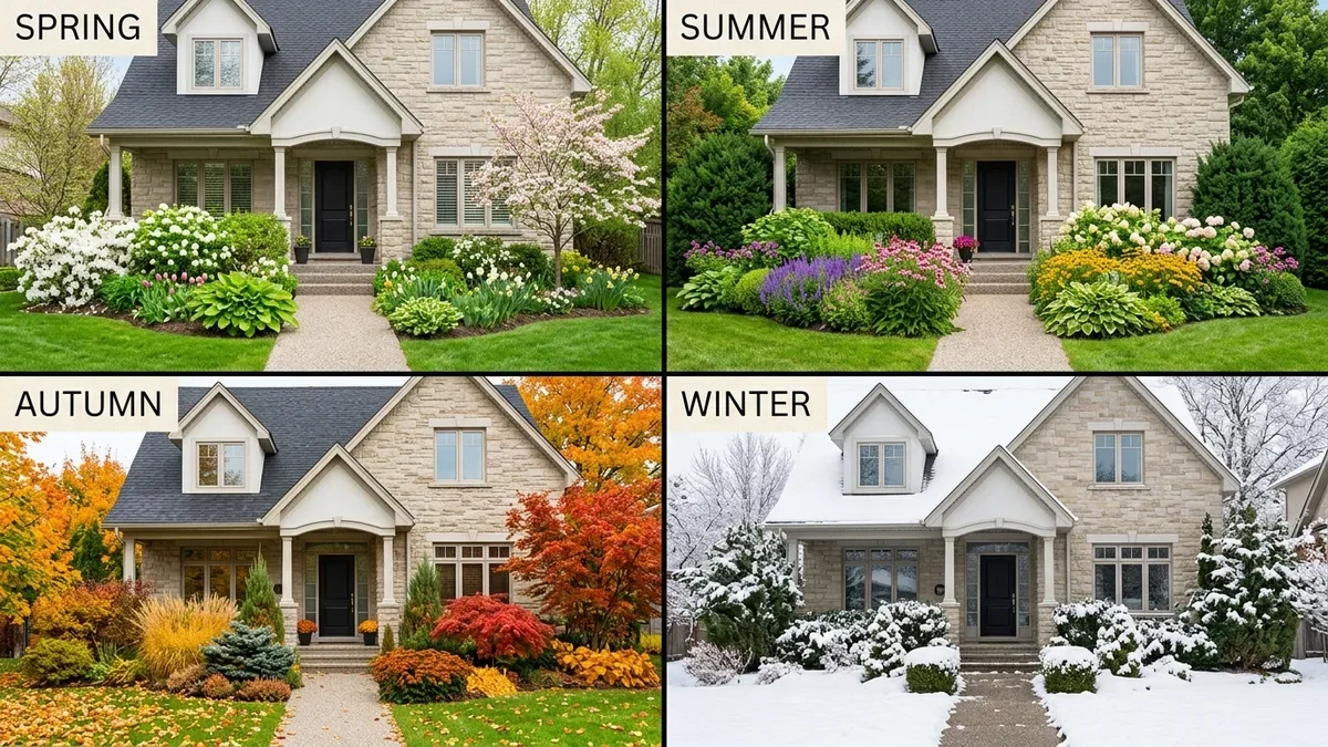 Four-season rain garden with architectural shrubs, golden winter grass stems, and rich late-season seedheads