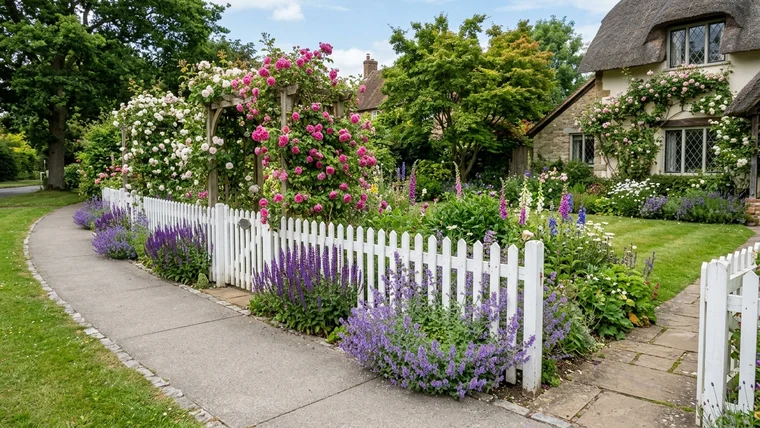 White picket front yard fence lined with cottage garden flowers, climbing roses, and purple catmint