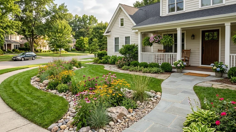 Charming front yard featuring landscaped rock swale, blooming native perennials, and stone walkway
