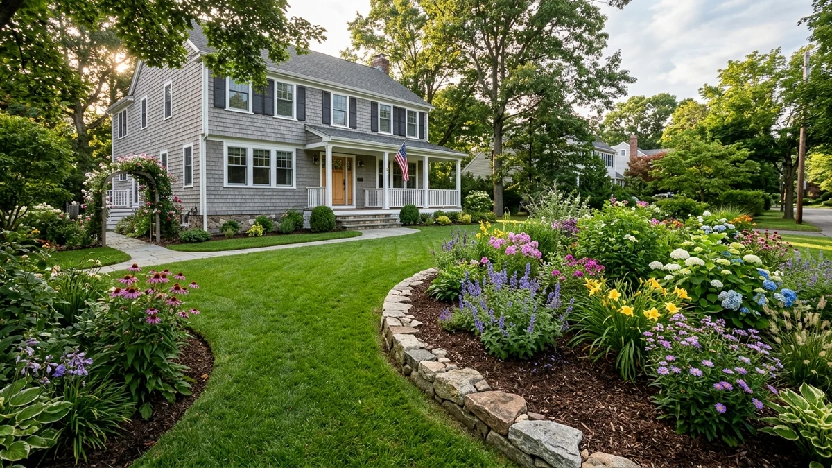 Front yard pollinator garden with tidy flagstone walkway, structured coneflower drifts, and compact shrubs