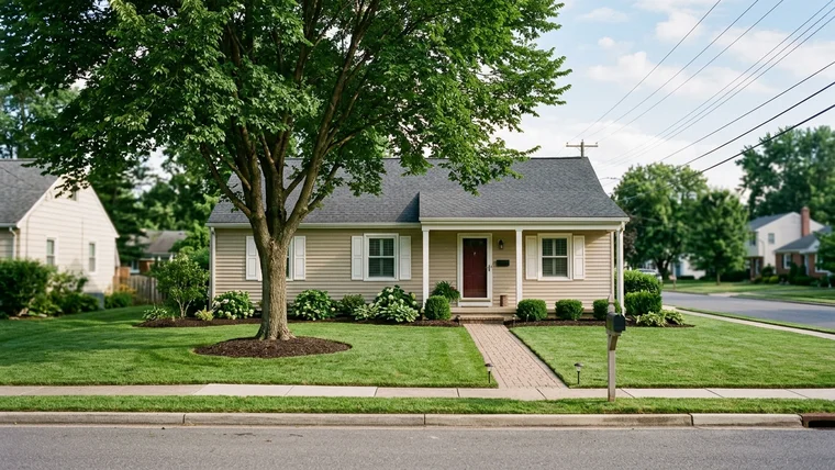 Beautifully scaled deciduous shade tree positioned off-center in a front yard framing a suburban home on a sunny day