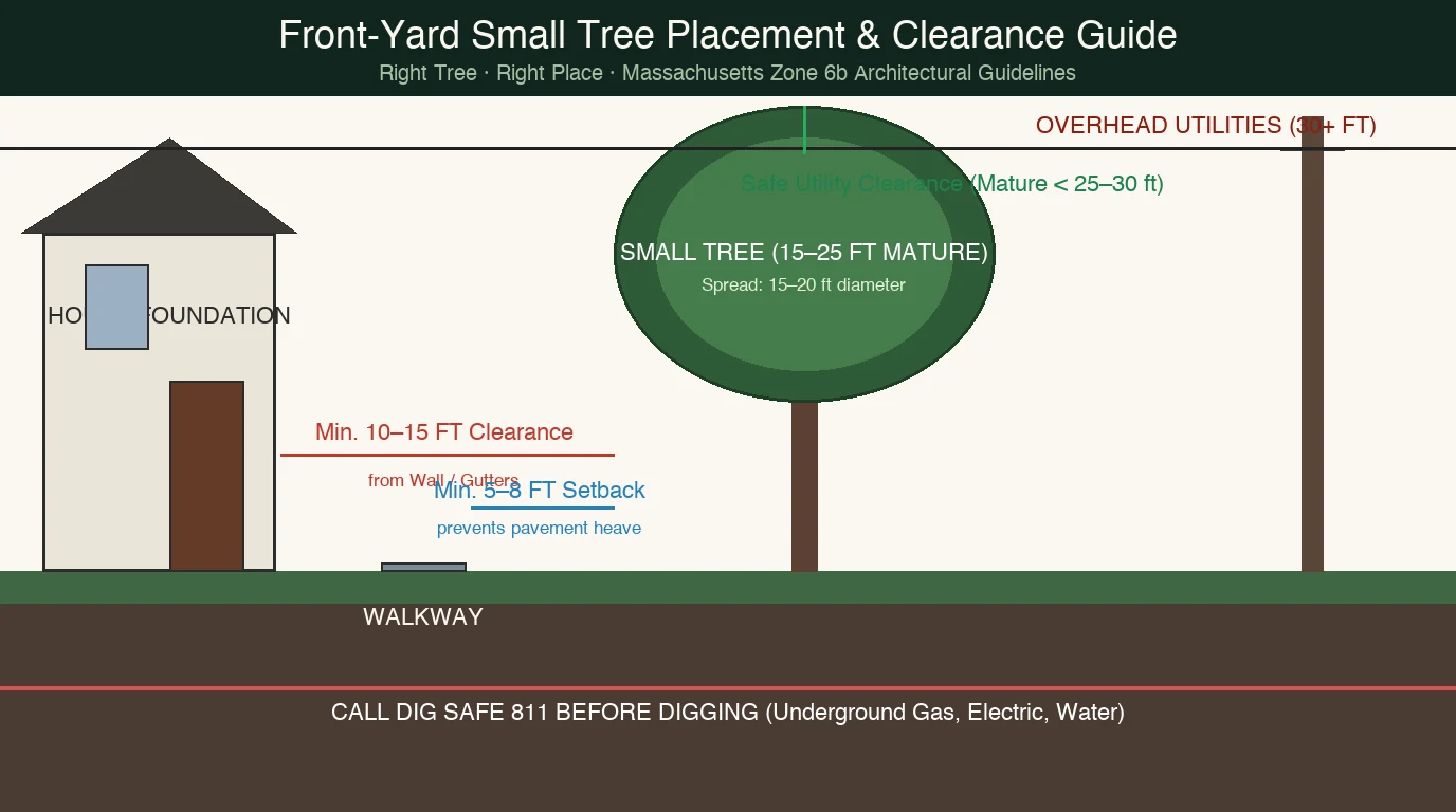 Front-yard small tree placement and clearance guide diagram showing setbacks from house, walkway, overhead lines, and Dig Safe