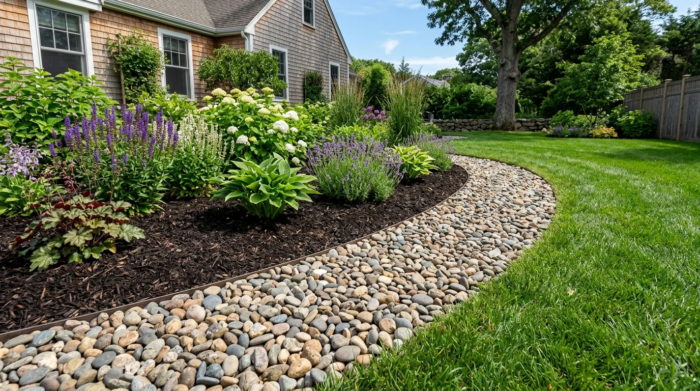 Circular pea gravel fire pit patio bordered by steel edging with Adirondack chairs and low maintenance perimeter perennials