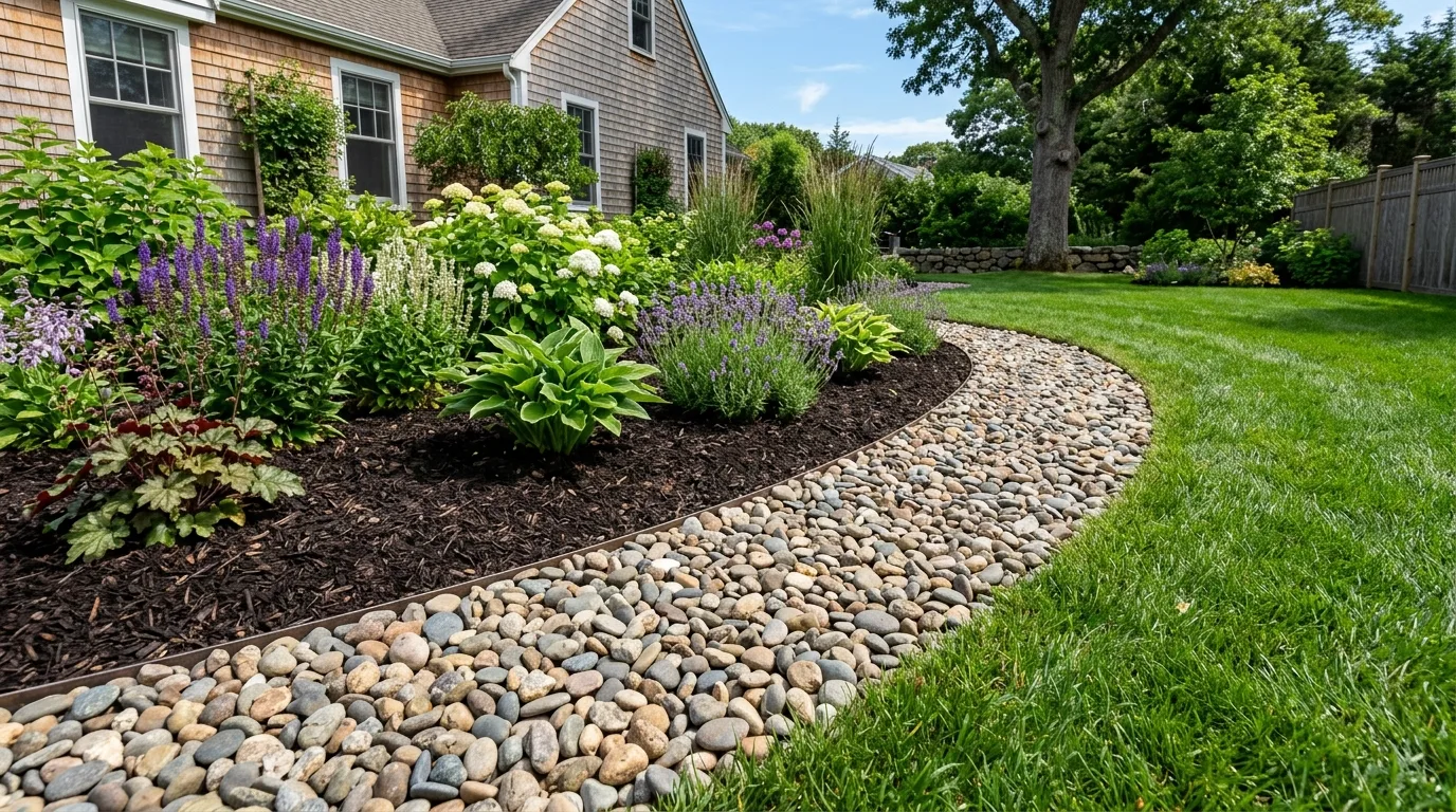Rounded river rock gravel border creating a decorative stone transition between garden mulch and lawn