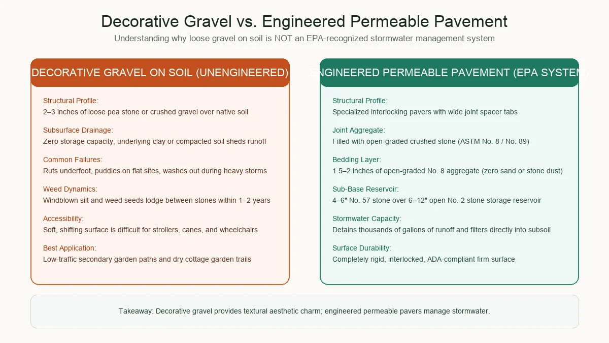 Engineering comparison between unengineered decorative gravel on soil and EPA-standard permeable interlocking concrete pavers with an aggregate reservoir