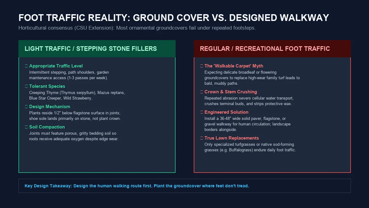 Comparison diagram contrasting light foot traffic between flagstone stepping stones with regular high-wear human traffic that destroys broadleaf groundcovers