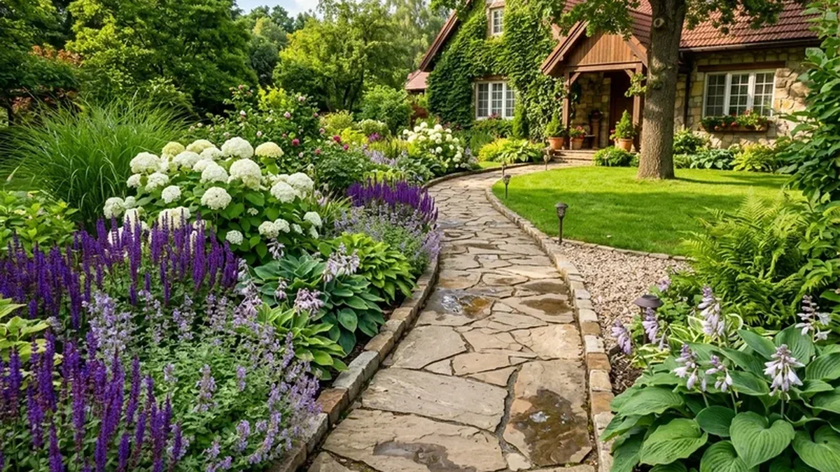Creeping Phlox and Barren Strawberry softly bordering a bluestone front walkway without encroaching on the clear walking zone