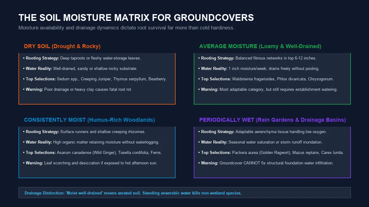 Soil moisture matrix diagram categorizing groundcover plants across dry, average, moist, and wet hydrological profiles