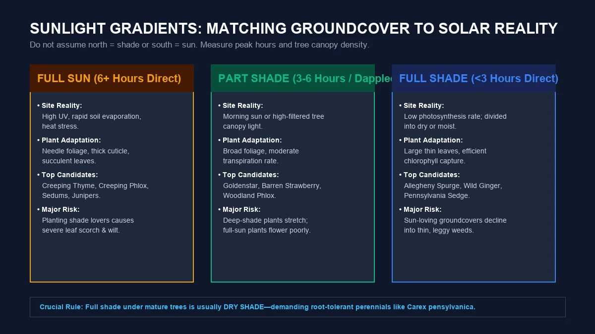 Sunlight gradient comparison showing full sun adaptations, part-shade woodland dappling, and full-shade forest floor conditions for ground covers