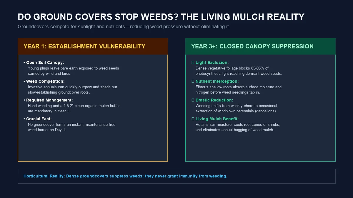 Living mulch reality diagram illustrating Year 1 establishment weed vulnerability contrasted with Year 3 dense canopy weed light exclusion