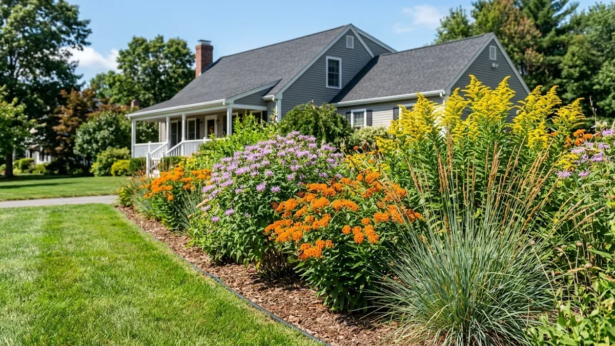 Lush carpet of creeping phlox and native sedge groundcover covering a front-yard slope under mature trees