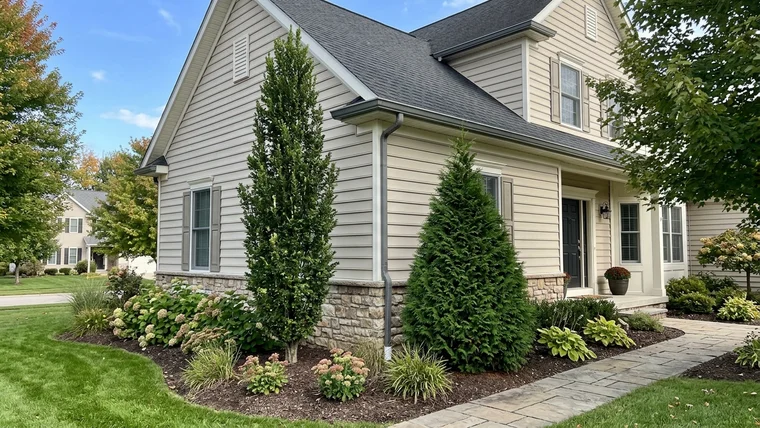 Upright columnar ornamental tree and pyramidal evergreen shrub anchoring the corner of a two-story home with clear gutter clearance