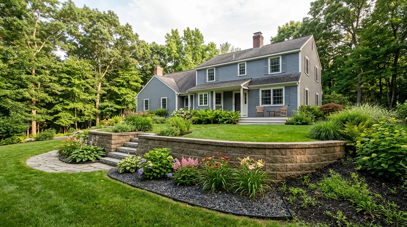 Low segmental concrete block retaining wall integrated into a terraced lawn and perennial garden in New England