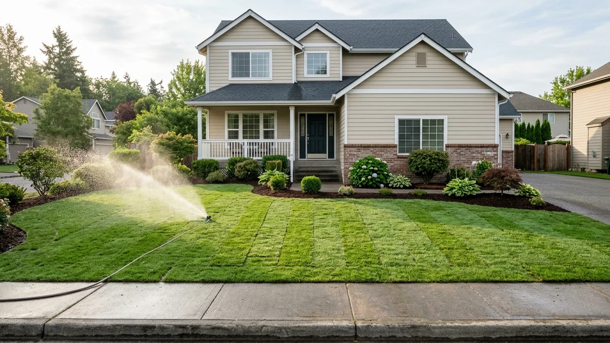 Newly laid green sod rolls being watered with residential sprinkler setup on lawn