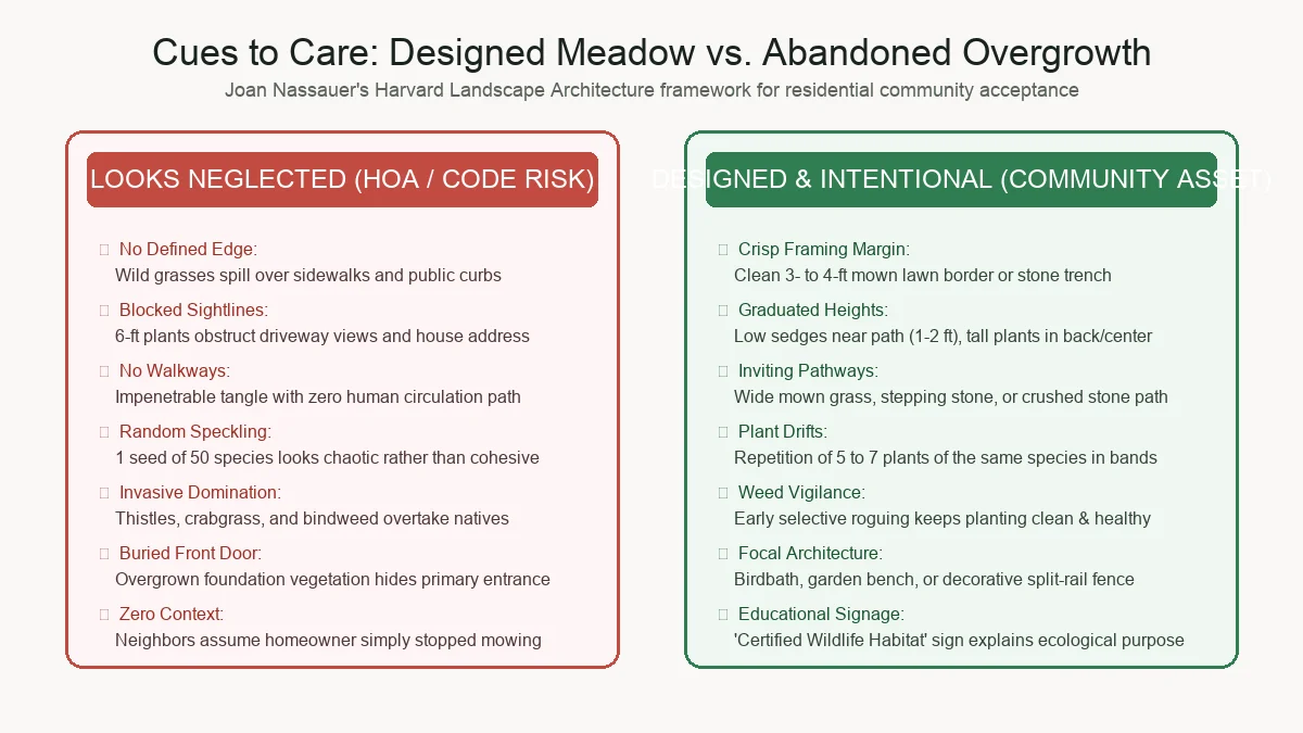 Comparison of an abandoned, unmanaged lawn violation versus an intentional, beautifully designed residential meadow garden