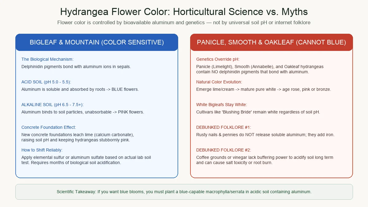 Horticultural science diagram explaining soil pH, aluminum bioavailability, and hydrangea flower color shifts