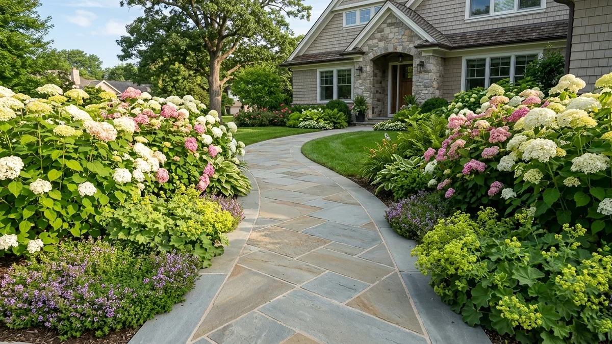 Stunning blue and white hydrangea border blooming along a bluestone front walk in front of a shingled coastal cottage home