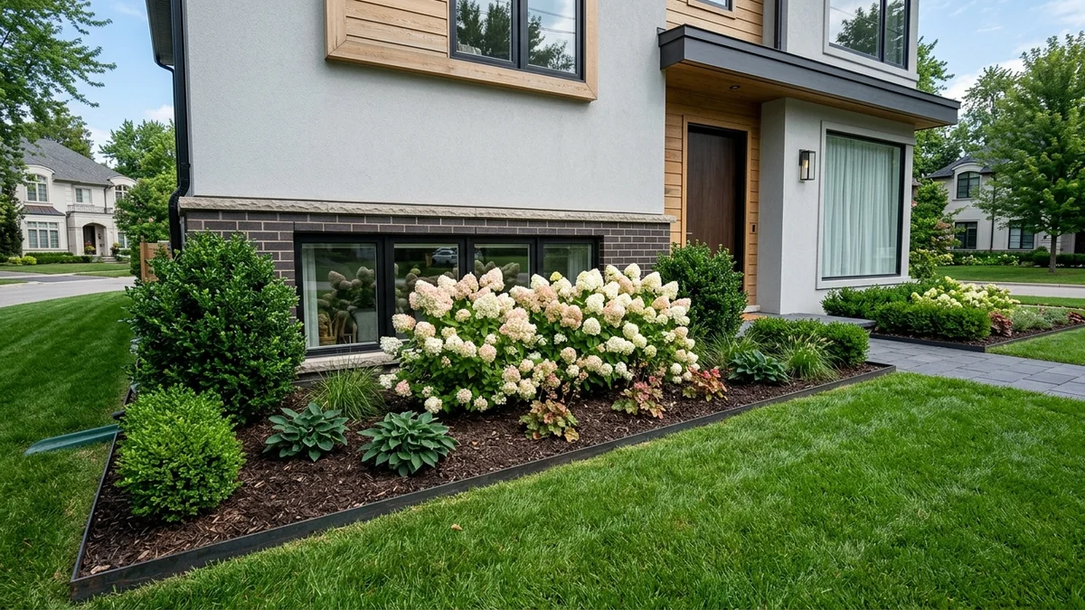 Front yard foundation landscaping featuring right-sized dwarf panicle hydrangeas paired with inkberry holly, bluestone edging, and perennial groundcovers