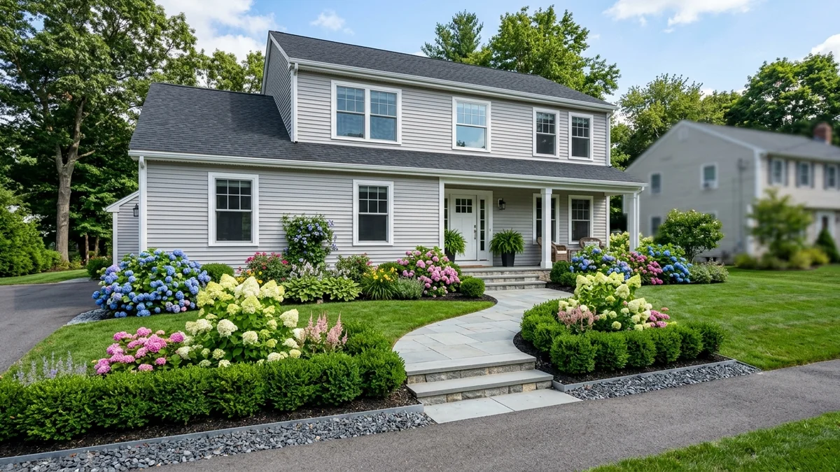 Stunning residential front yard landscape featuring right-sized hydrangeas in full summer bloom, integrated with evergreen inkberry holly foundation plantings, a clear stone walkway, and fine-textured ornamental grasses