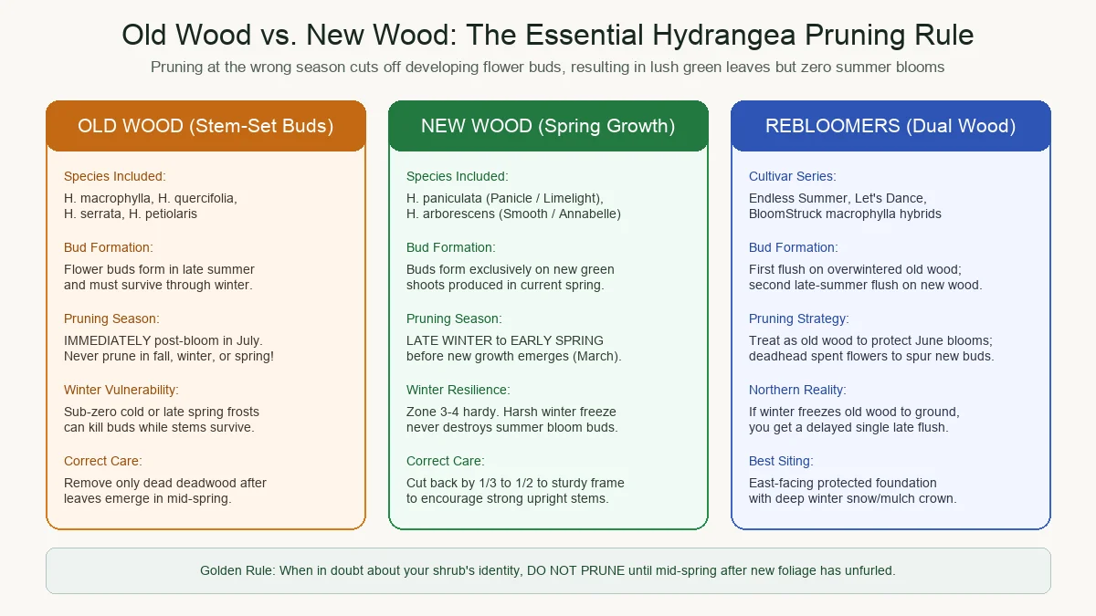 Horticultural pruning diagram comparing Old Wood vs New Wood hydrangea bud development and correct seasonal cutting times