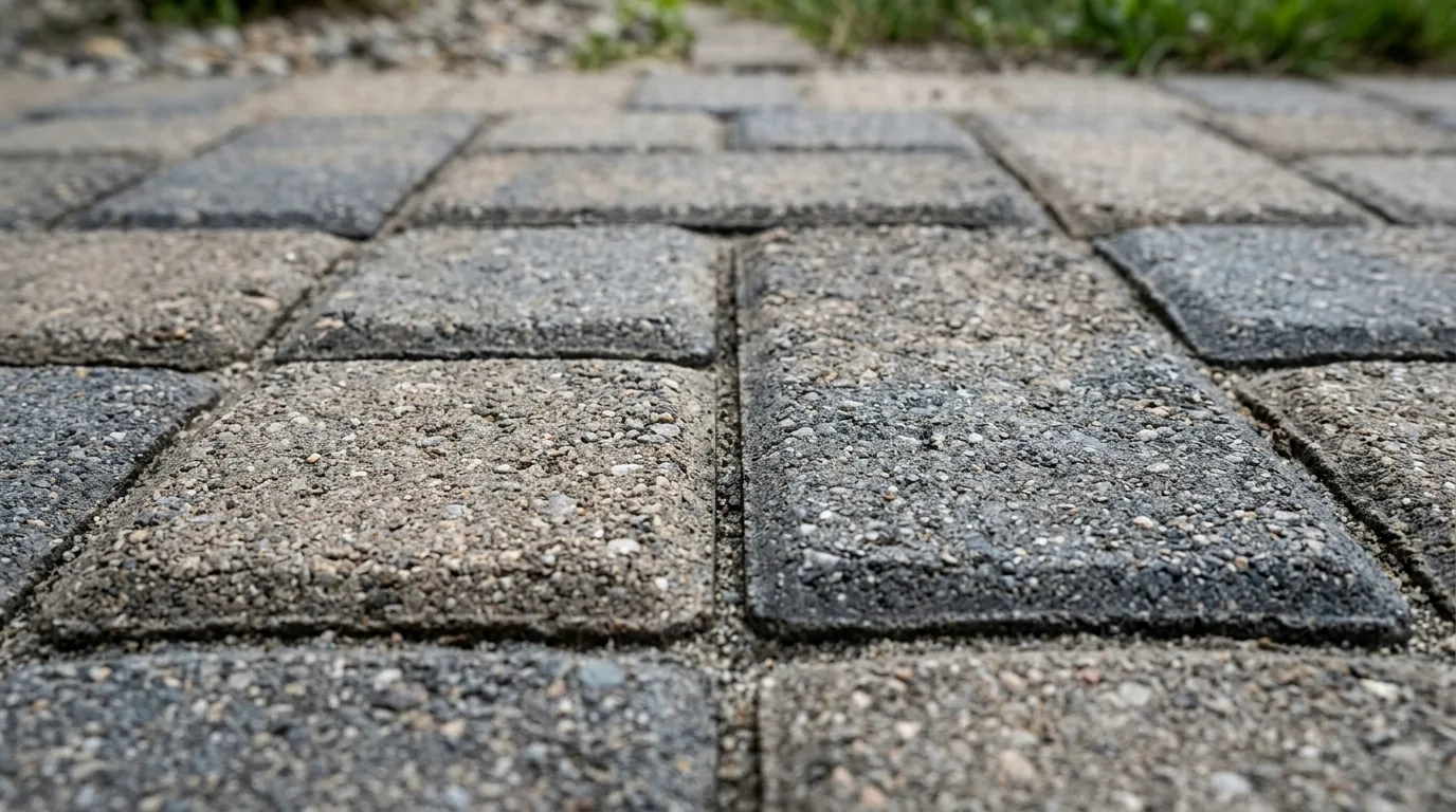 Detailed ground-level close view of interlocking concrete pavers showing textured surface, chamfered edge, and sand-filled joint