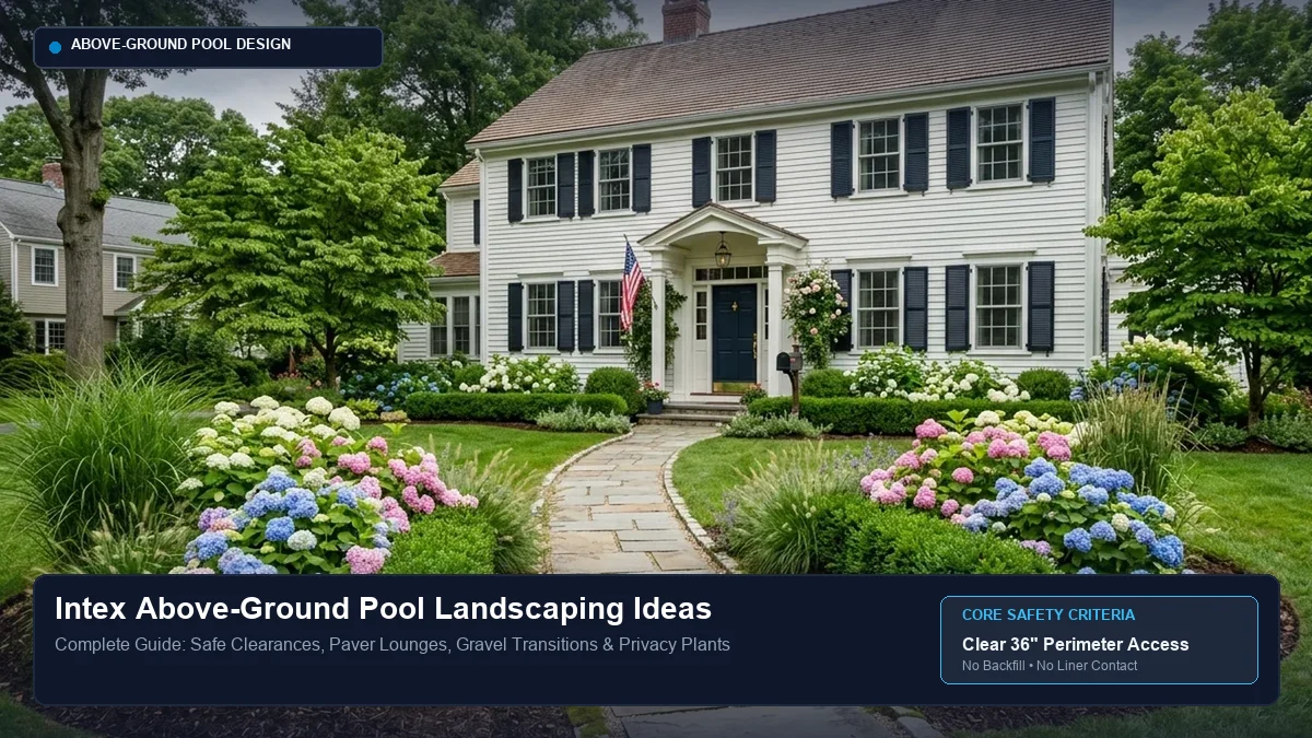 Intex above-ground pool landscaping featuring a clean 3-foot perimeter buffer, detached paver lounge patio, low-debris ornamental grasses, and clear ladder access.
