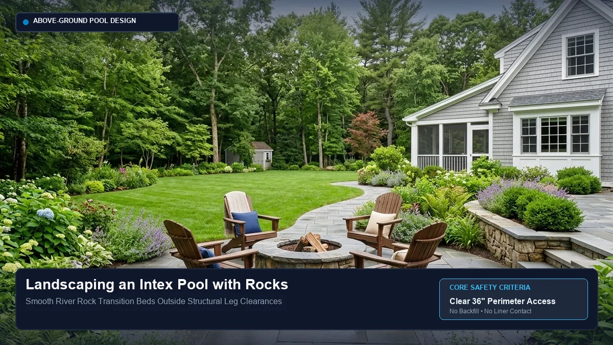 Smooth river rocks and low-debris drought-tolerant ornamental plants arranged in an offset garden bed outside the pool clearance.