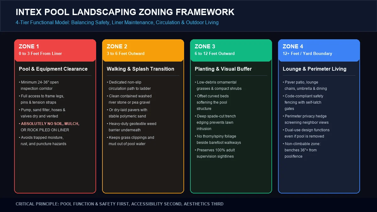 Architectural diagram of the 4-zone Intex pool landscaping model: Zone 1 Pool and Equipment Clearance, Zone 2 Walking and Splash Transition, Zone 3 Offset Planting Bed, Zone 4 Lounge and Backyard Living.