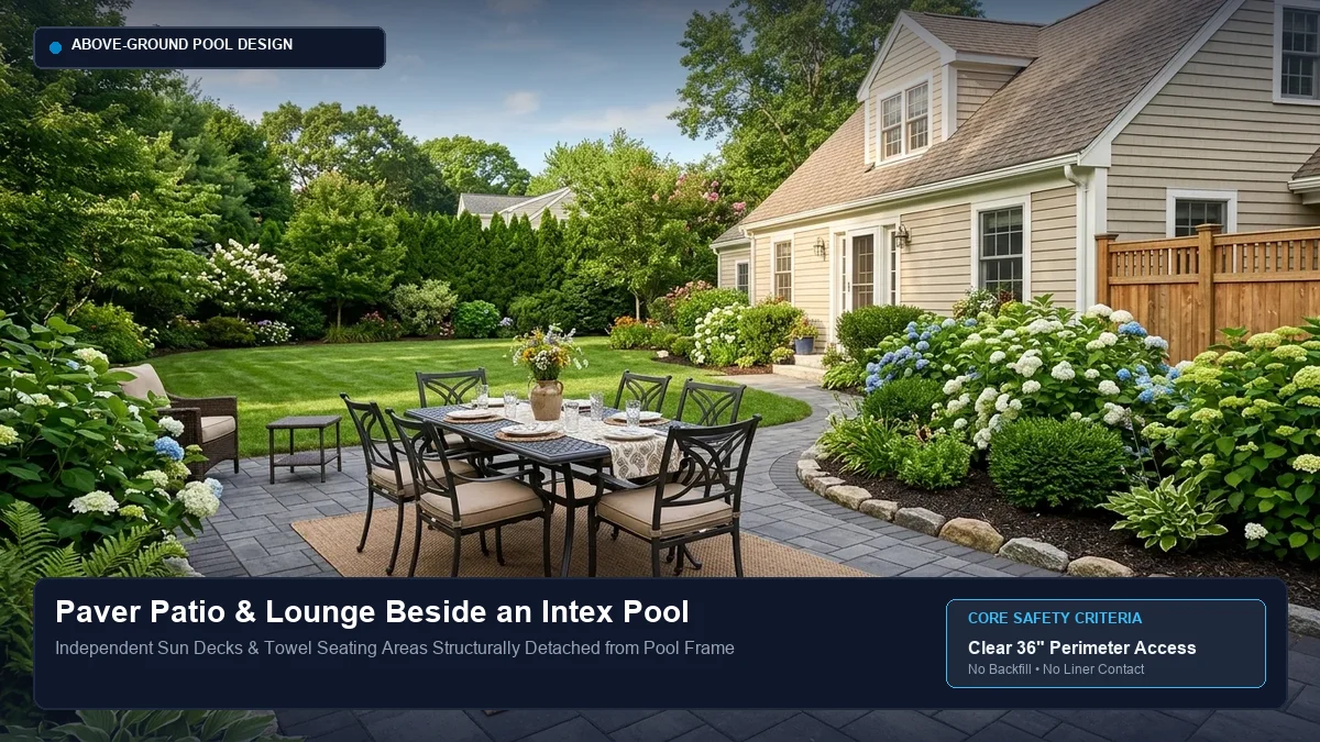 Independent concrete paver patio positioned beside an Intex above-ground pool with lounge seating, cantilever umbrella, and non-slip surface.