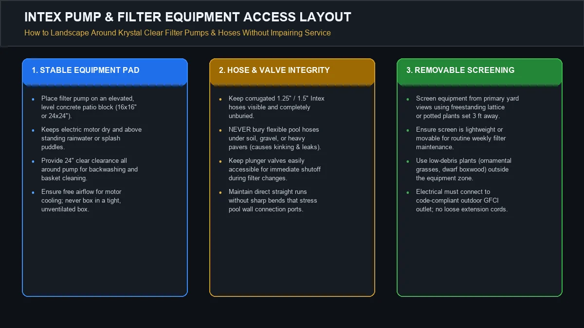 Technical layout diagram showing safe landscaping around Intex Krystal Clear pump and filter, featuring elevated patio block, visible hoses, and removable screen.