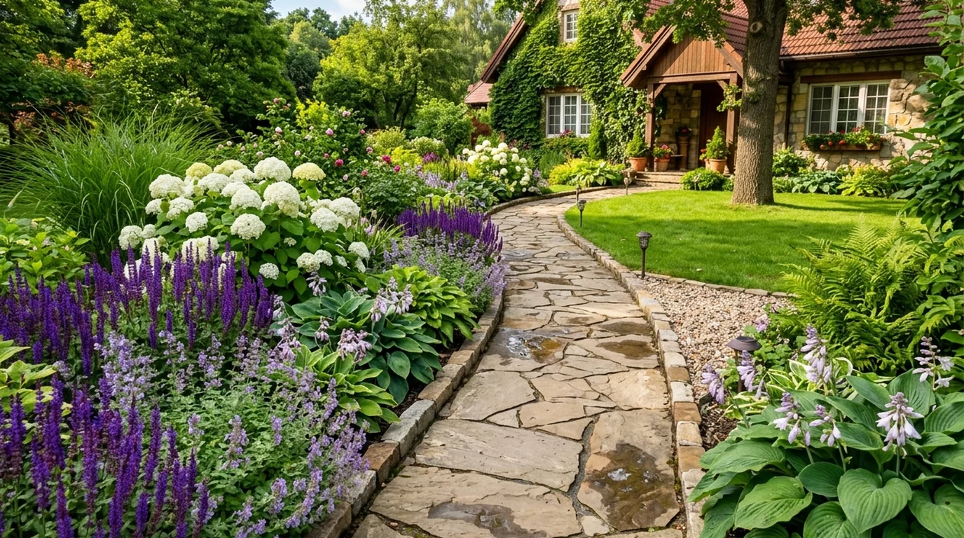 Japanese tree lilac in full creamy white bloom along front walkway and perennial border