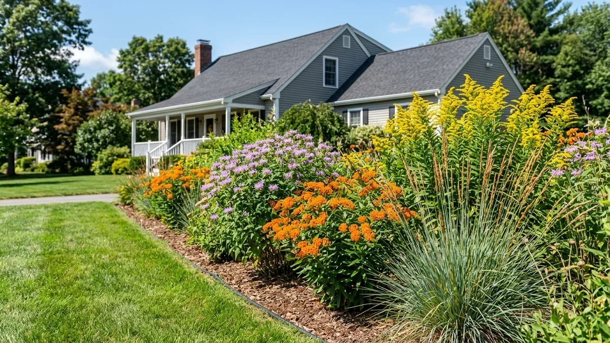 Full sun summer flower bed featuring blooming coneflowers, black-eyed Susans, and annual bedding flowers