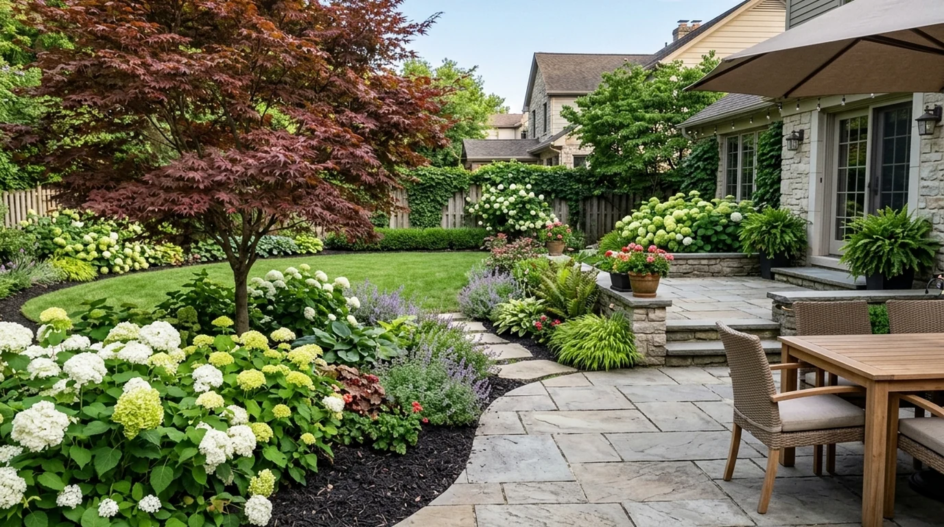 Kousa dogwood with starry white bracts in a landscaped front yard with stepping stone walkway