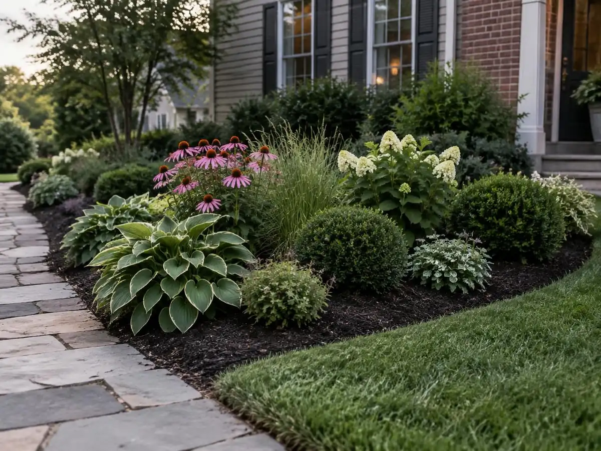 Layered perennial and shrub border along a stone walkway at a suburban Massachusetts home