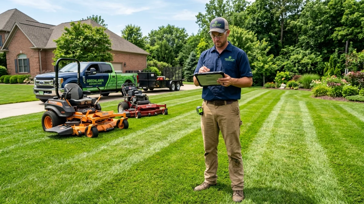 Lawn care contractor estimating residential lawn mowing on a tablet in the field with commercial equipment