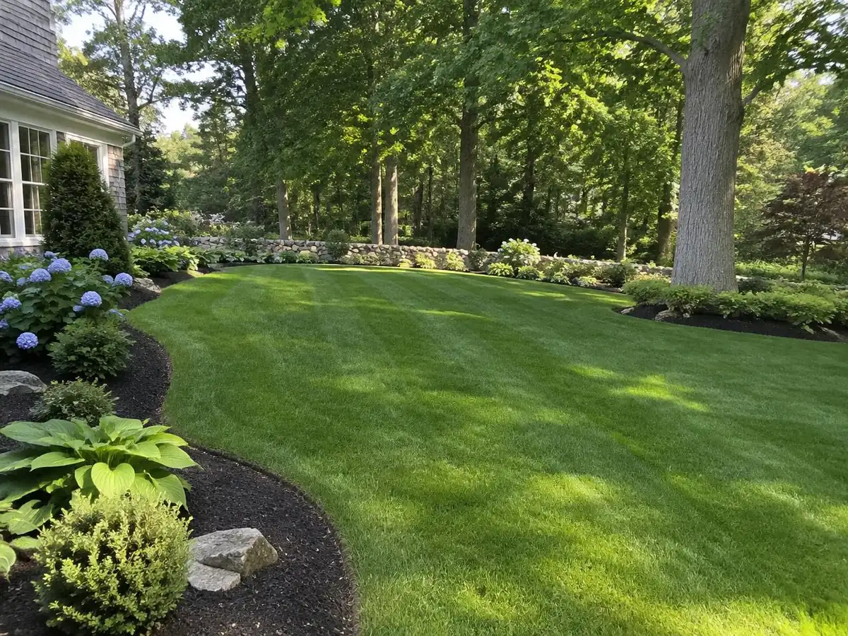 Striped cool-season lawn with crisp bed edging beside mature deciduous trees in Massachusetts