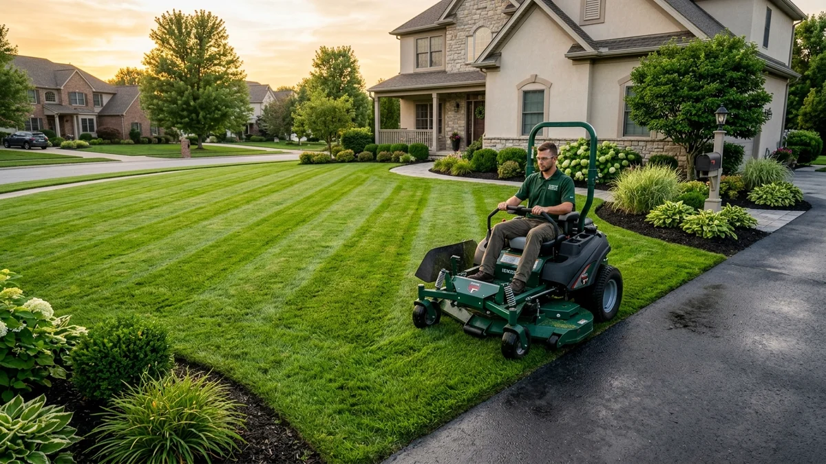 Professional commercial zero-turn mower creating pristine diagonal striping patterns on a manicured suburban lawn