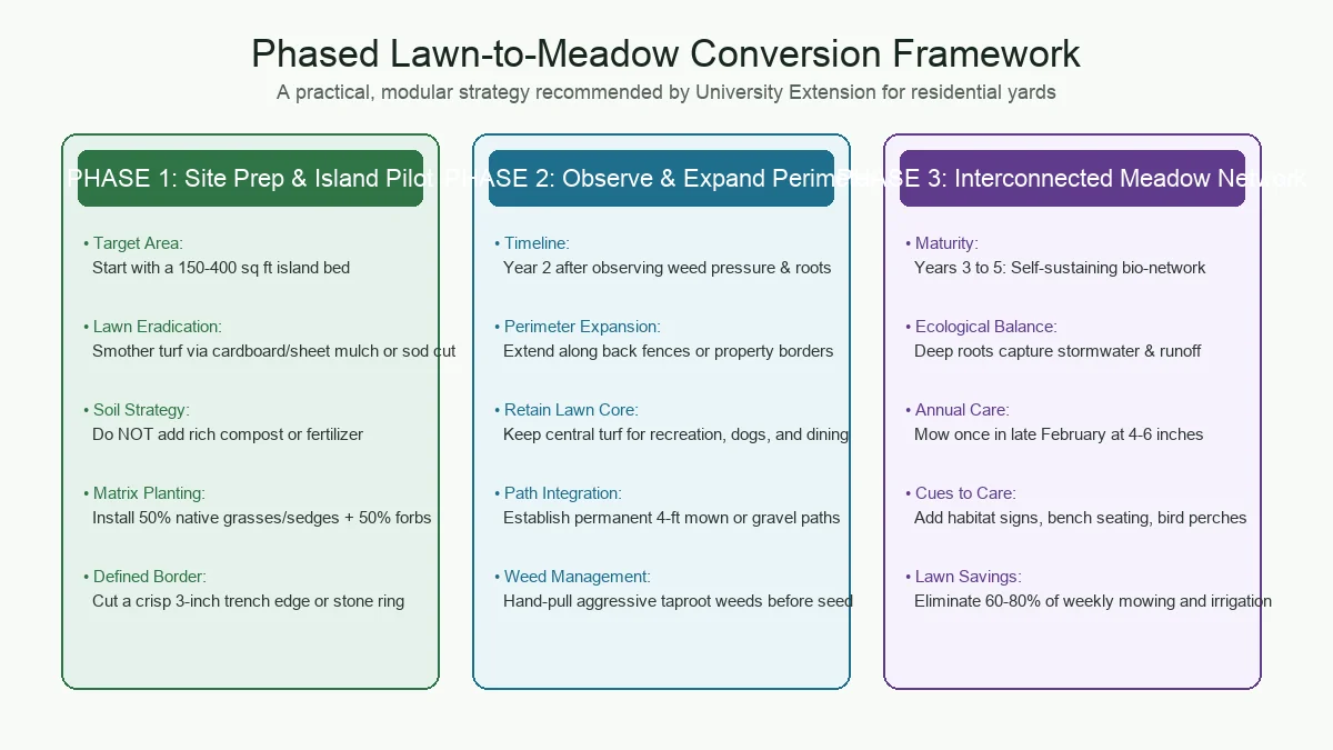 Three-phase residential lawn to meadow conversion diagram from island pilot to perimeter expansion and mature ecological network