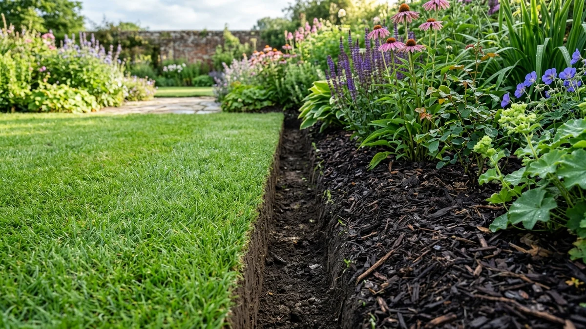 Lawn conversion project showing sheet mulching transition into a thriving pollinator flower garden
