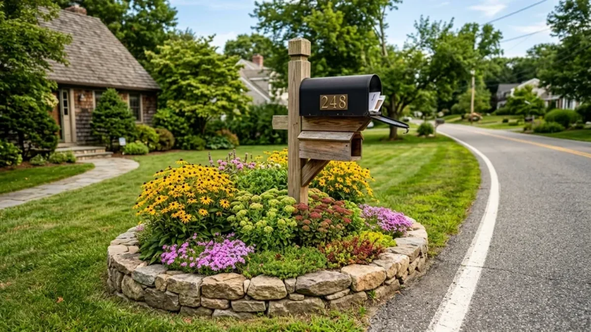 Curbside mailbox flower bed with stone edging, coneflowers, black-eyed susans, and clear mail carrier access