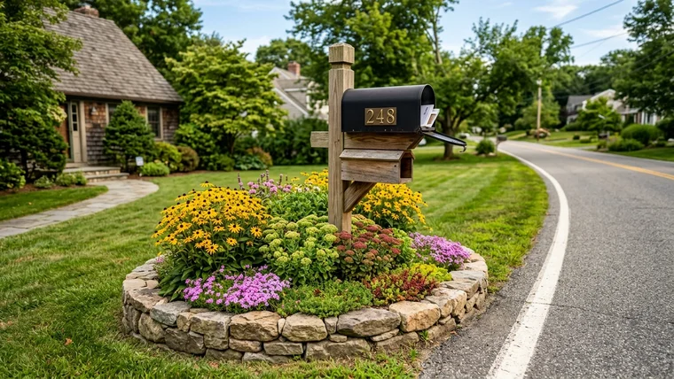 Charming curbside mailbox garden surrounded by a fieldstone ring with black-eyed susans, creeping phlox, and sedum