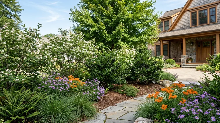 Multi-layered Massachusetts native landscape showing canopy trees, shrubs, wildflowers, ferns, and grasses