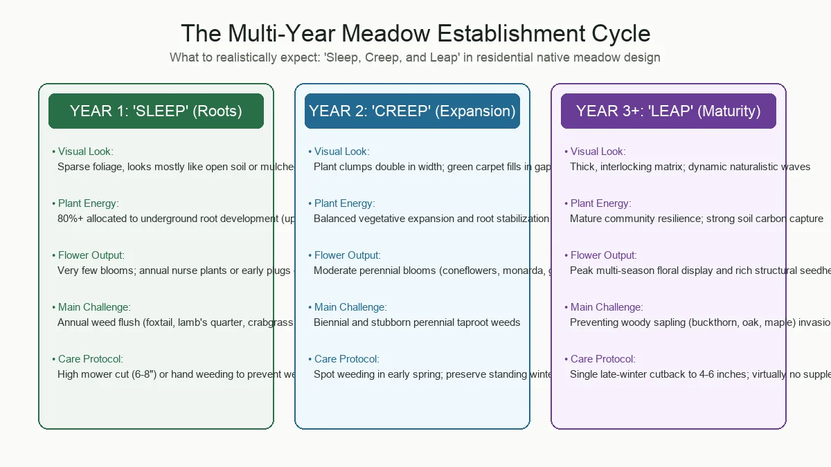 Three-year meadow establishment timeline chart detailing the Sleep Creep and Leap phases