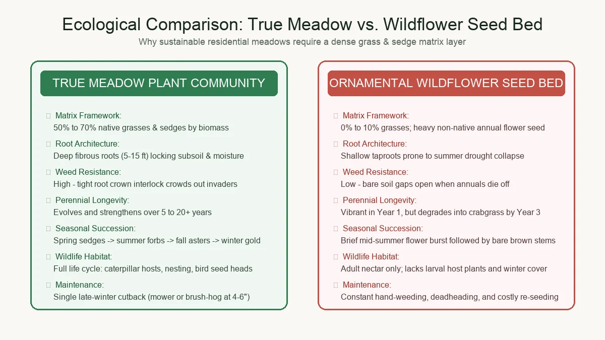 Comparison chart detailing the structural differences between a true meadow plant community and an ornamental wildflower bed