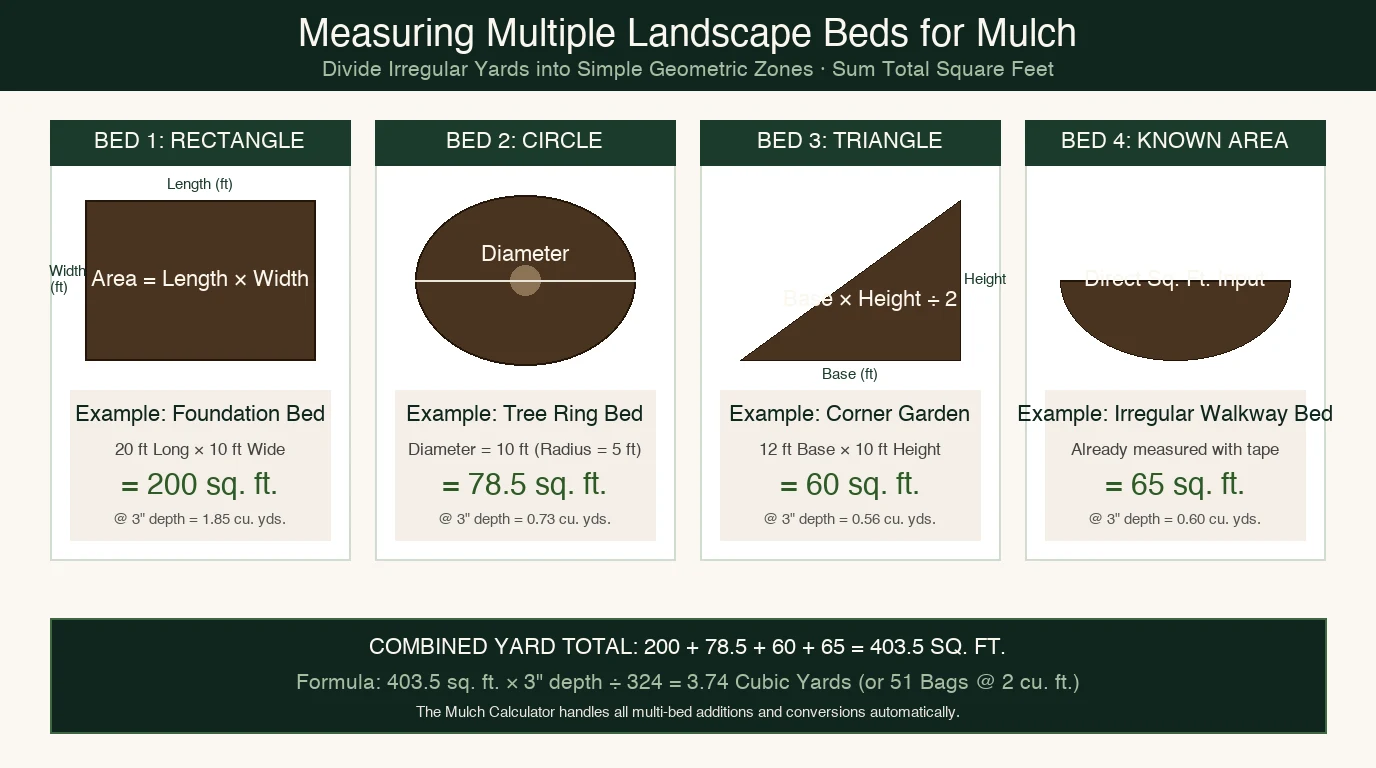 Diagram illustrating how to measure multiple landscape beds including rectangular, circular, triangular and irregular garden zones